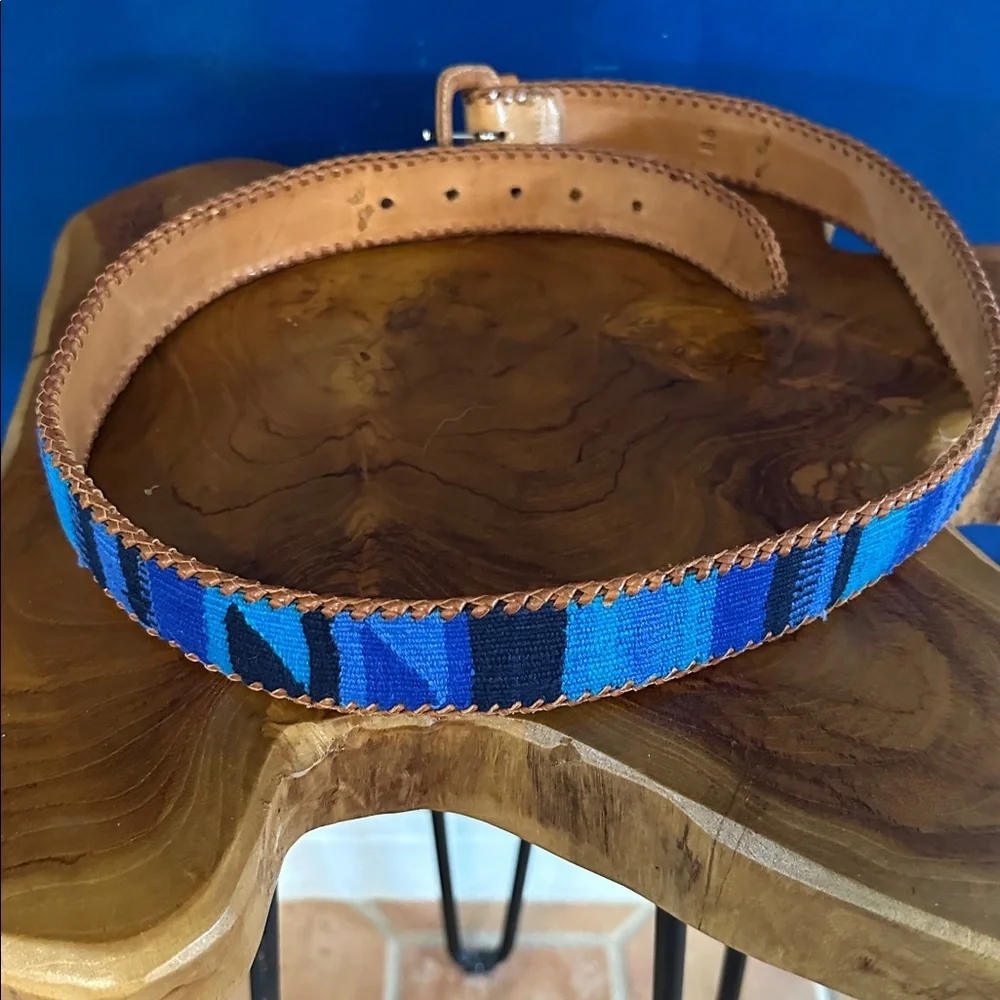 Women’s Handmade Leather Blue & Black Woven Belt Size 36